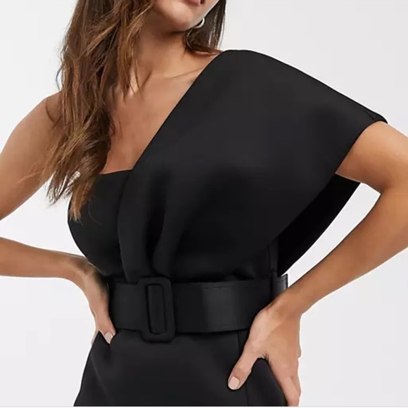 ASOS DESIGN one shoulder belted scuba midi dress in black - Picture 2 of 3